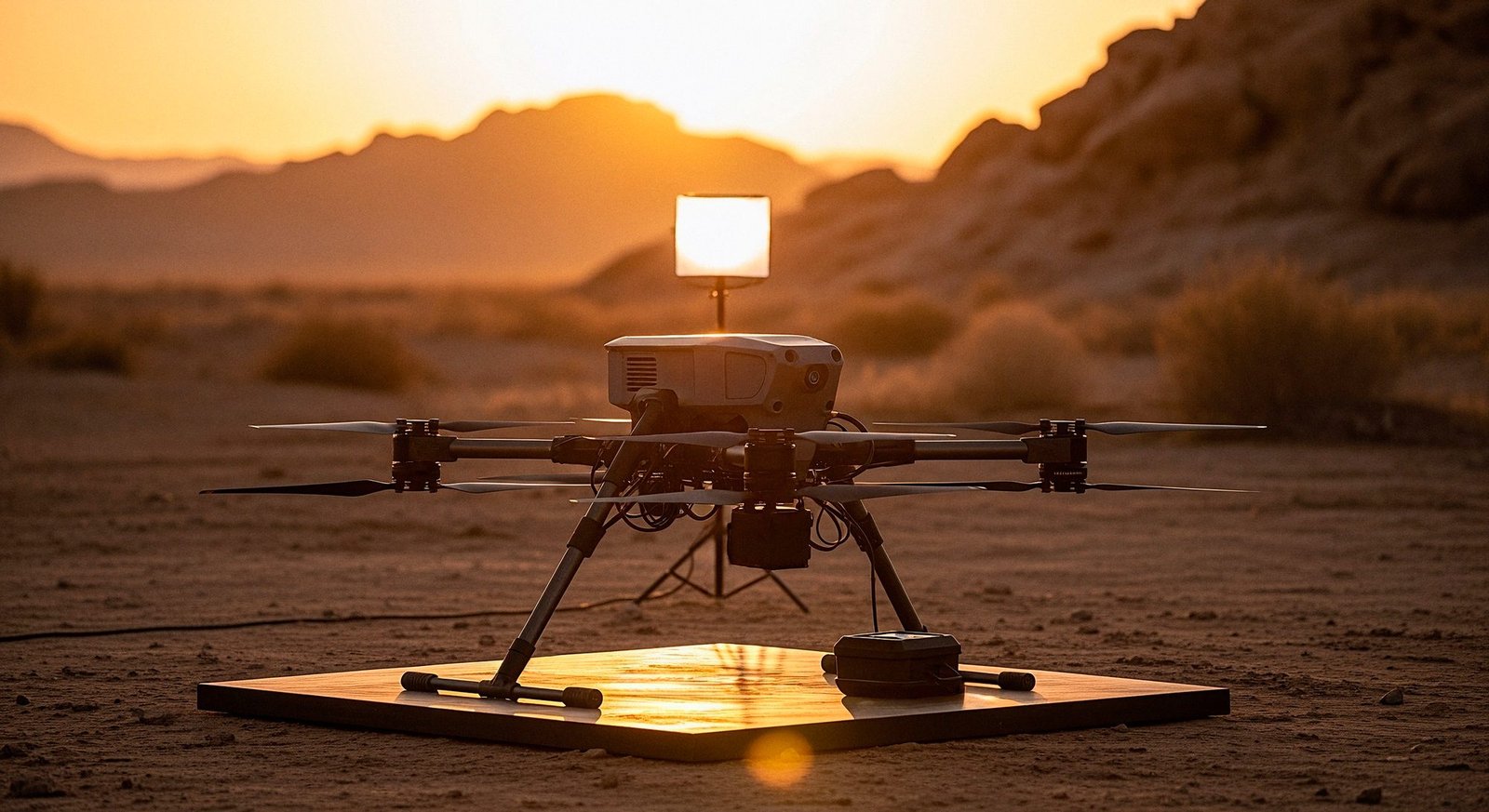 Survey drone on a platform in the desert at sunset